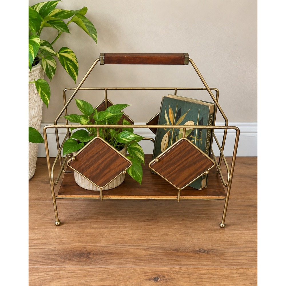 Vintage Atomic MCM Brass & Wood Magazine Rack Vinyl Record Holder 1950s Decor